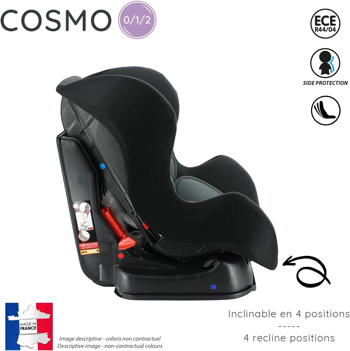 Disney - COSMO Autoasiento Grupo 0/1/2 (0-25Kg) - Made in France - Respaldo de carretera 0-10Kg - Inclinable -