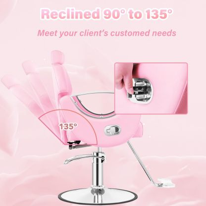 Silla de peluquero de salón, silla reclinable para peluquero, silla de peluquería con bomba hidráulica resistente, silla de peluquería giratoria de 360 grados para peluquería en casa, color rosa