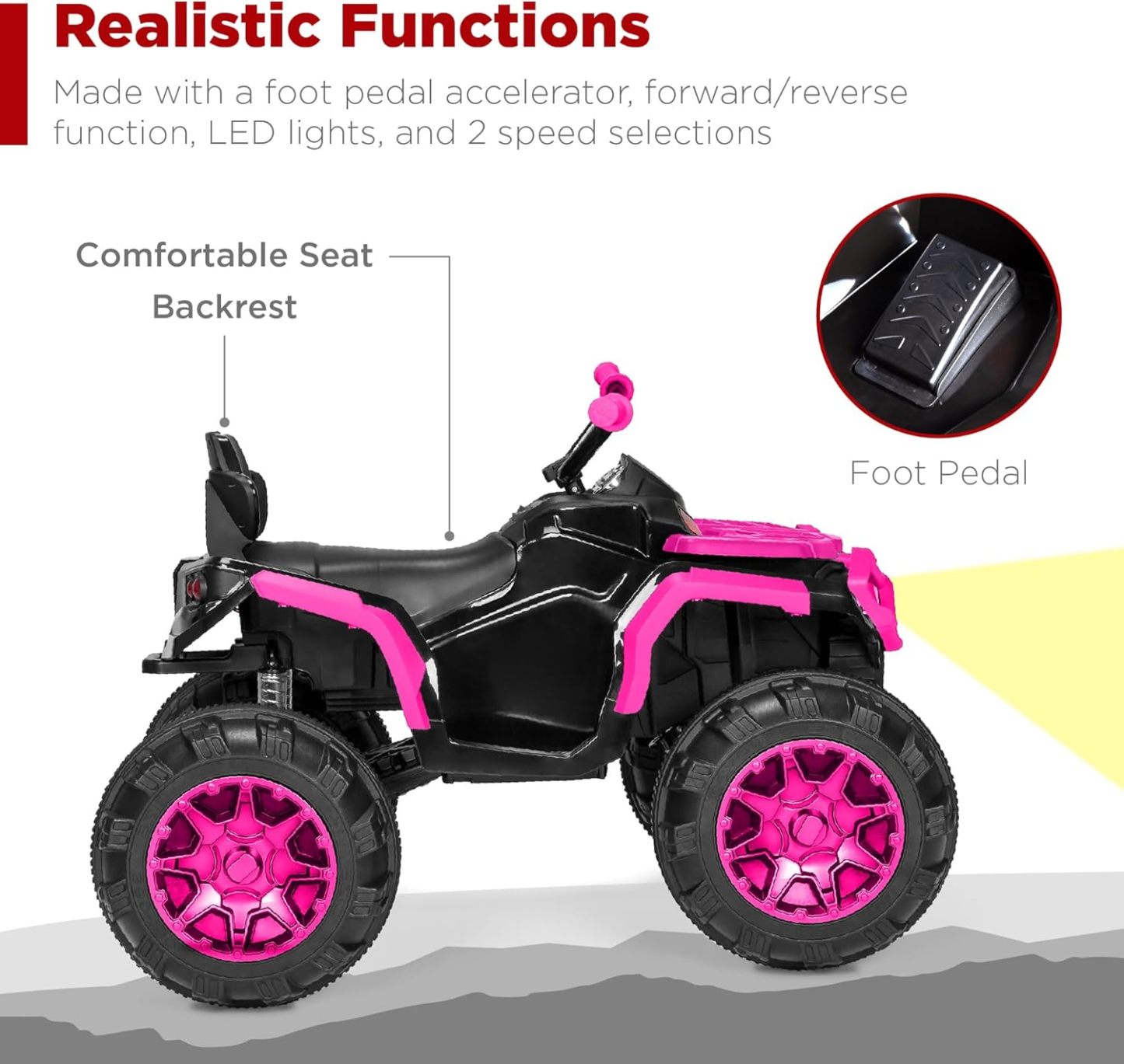Best Choice Products 12V ATV eléctrico para niños de 4 ruedas con audio Bluetooth, velocidad máxima de 3.7 mph, neumáticos con banda de rodadura, faros LED, radio, color negro