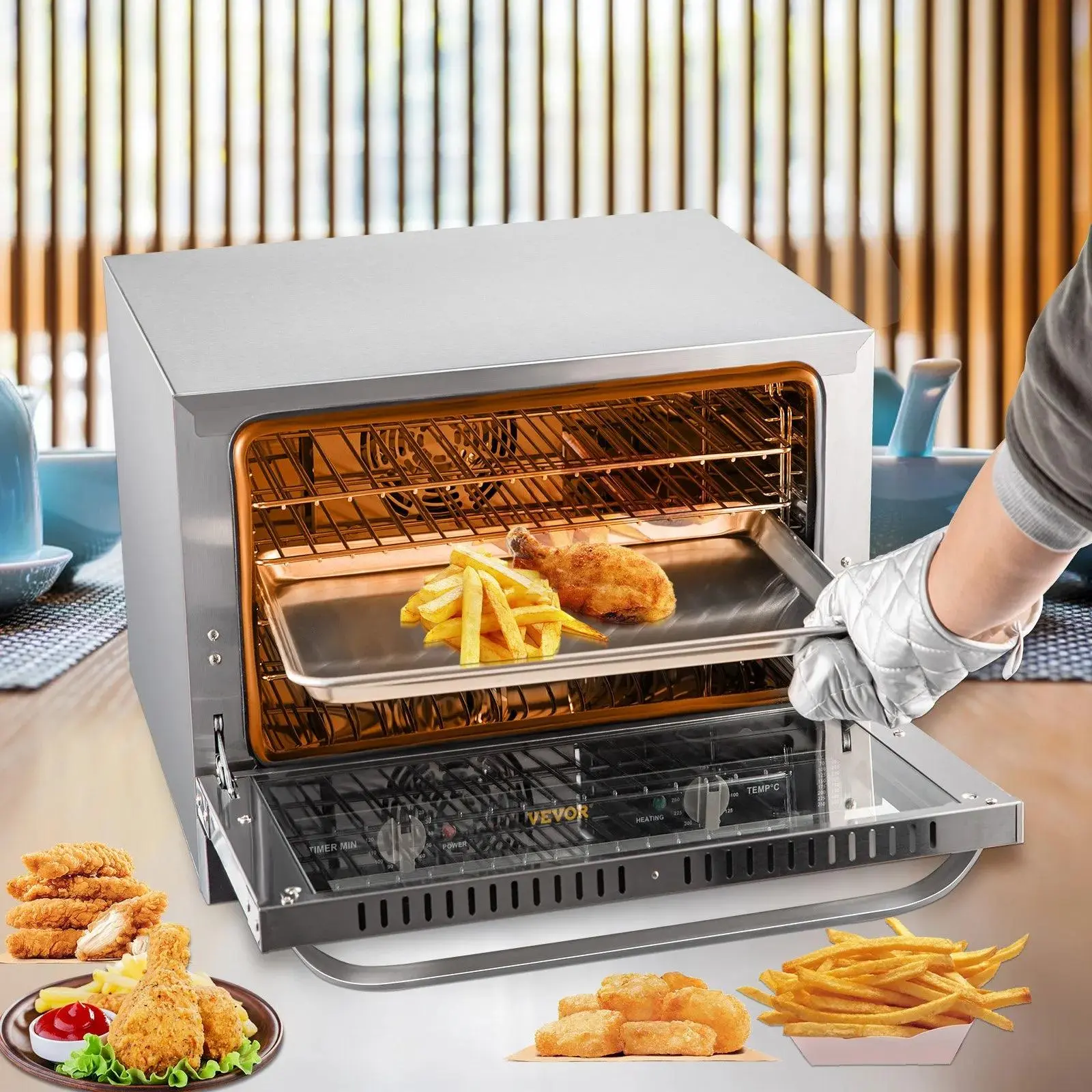 👨‍🍳🍞Horno de convección comercial, 66 L (60 cuartos de galón), 🍕tamaño compacto (half-size) para encimera, 1800 W, 4 niveles, puerta frontal de vidrio, horno eléctrico para hornear con bandejas, rejillas, pinzas y guantes, 120 V, certificado ETL.