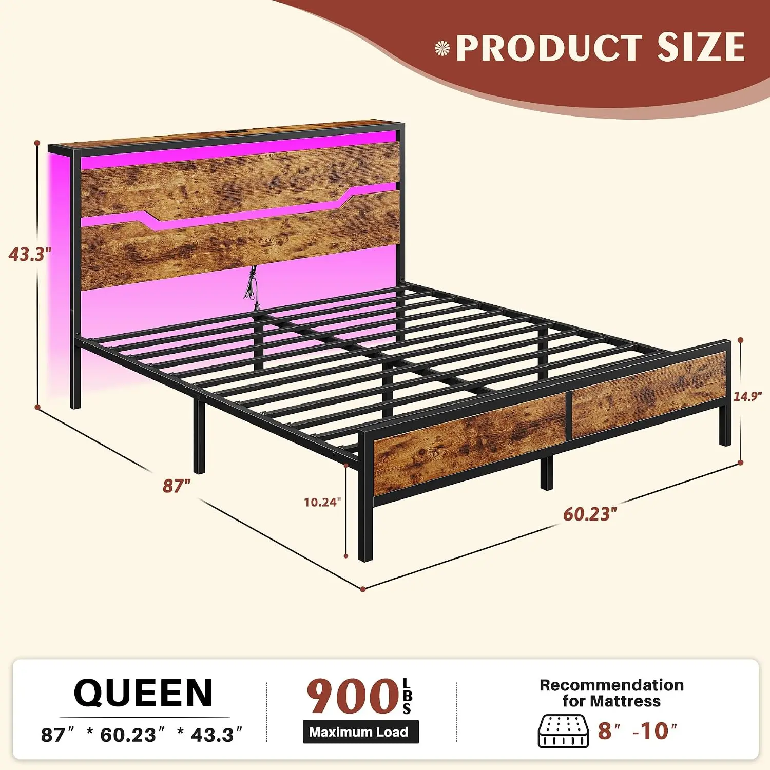 Estructura de cama Raybee con luces LED (tamaños Queen, King y Full), cabecero y estante de almacenamiento; diseño moderno e industrial de madera y metal con estación de carga integrada; silenciosa y resistente (capacidad de 900 libras); incluye somier de