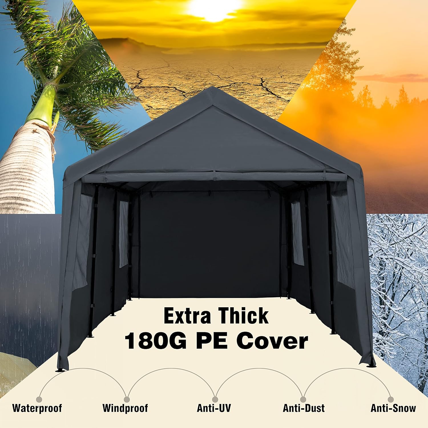 Carport - Toldo para automóvil de 12 x 20 pies, resistente con ventanas transparentes, paredes laterales y puertas extraíbles, para todas las estaciones y garaje portátil para barco, fiesta de boda, campamento al aire libre, comercial, resistente a los ra