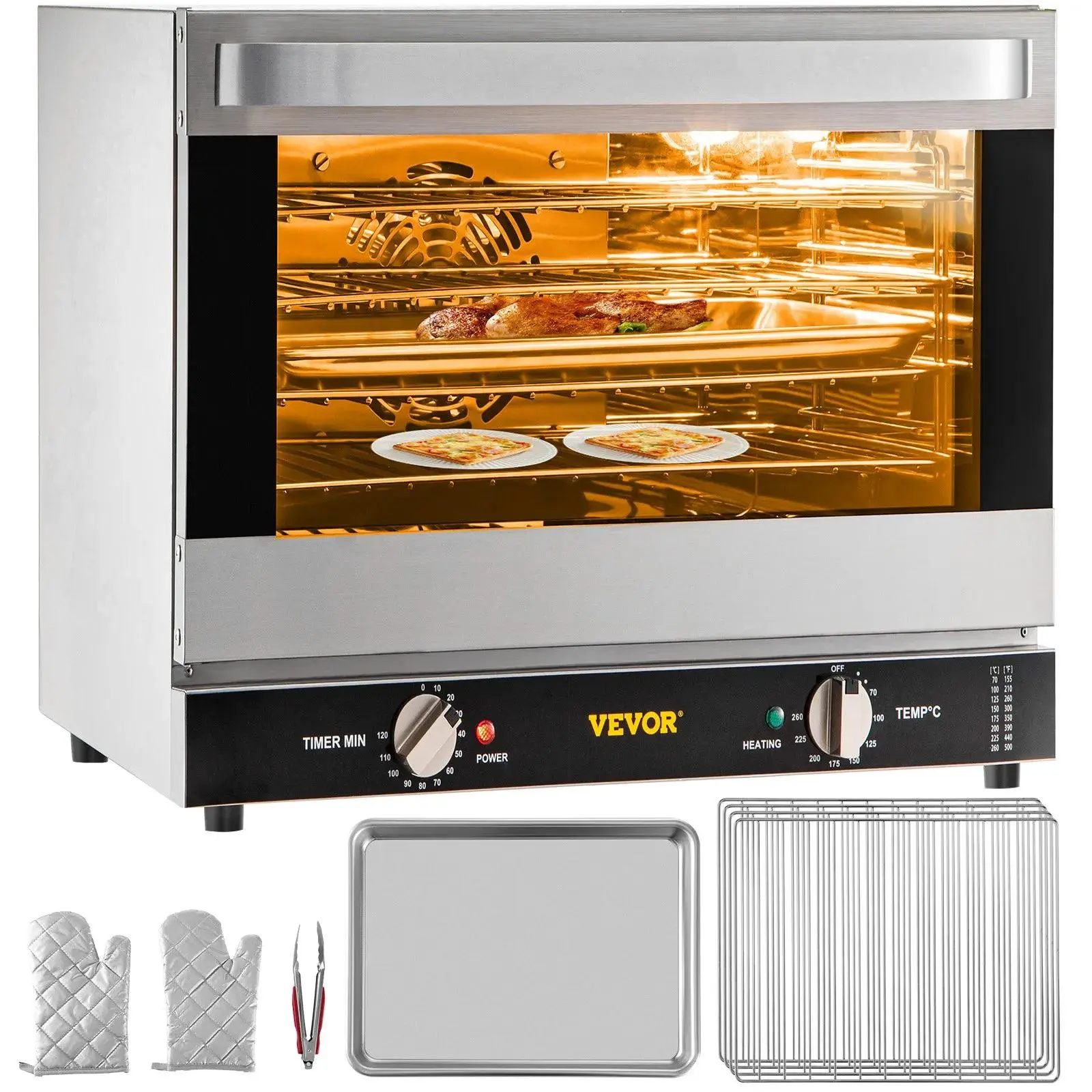 👨‍🍳🍞Horno de convección comercial, 66 L (60 cuartos de galón), 🍕tamaño compacto (half-size) para encimera, 1800 W, 4 niveles, puerta frontal de vidrio, horno eléctrico para hornear con bandejas, rejillas, pinzas y guantes, 120 V, certificado ETL.