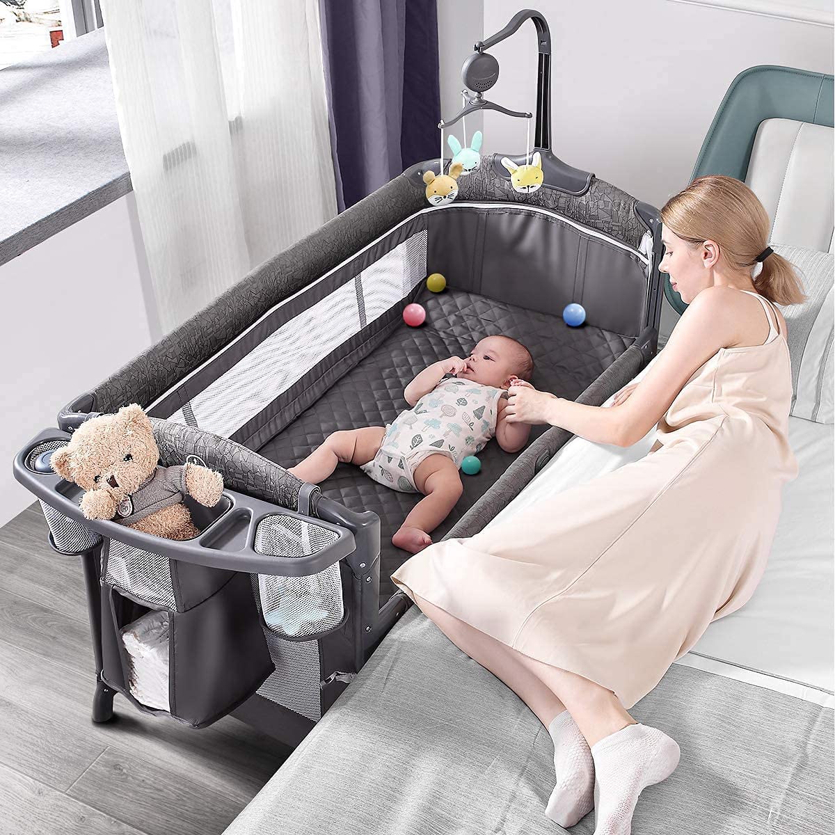 ADOVEL Cuna nocturna para bebé, Pack and Play, viene con colchón, cambiador y parque para recién nacidos y niños pequeños-----Toallitas para babas