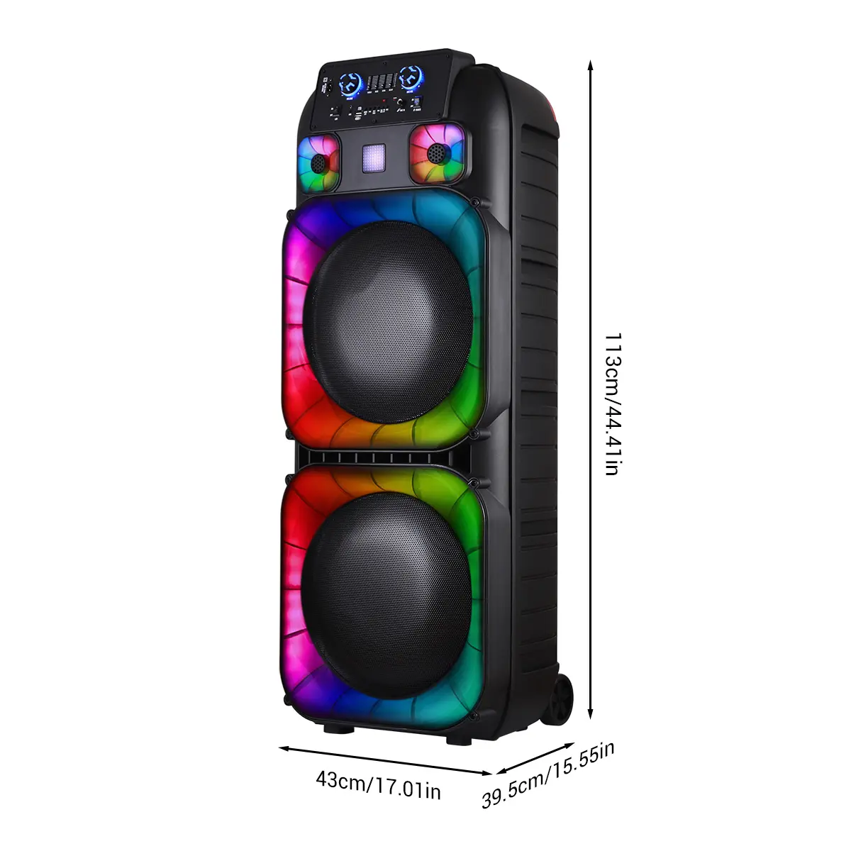 Sistema de altavoces PA portátil con Bluetooth, alta potencia, doble woofer de 15" y tweeter de 1.5"; inalámbrico y recargable, incluye dos micrófonos inalámbricos, control remoto, luces LED de fiesta multicolor y sonido estéreo (SoundBox DJ).