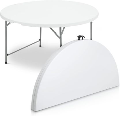Mesa plegable redonda de 4.5 pies, mesa de comedor de plástico para interiores y exteriores con asa y cerradura para picnic, fiesta, banquete, boda, color blanco