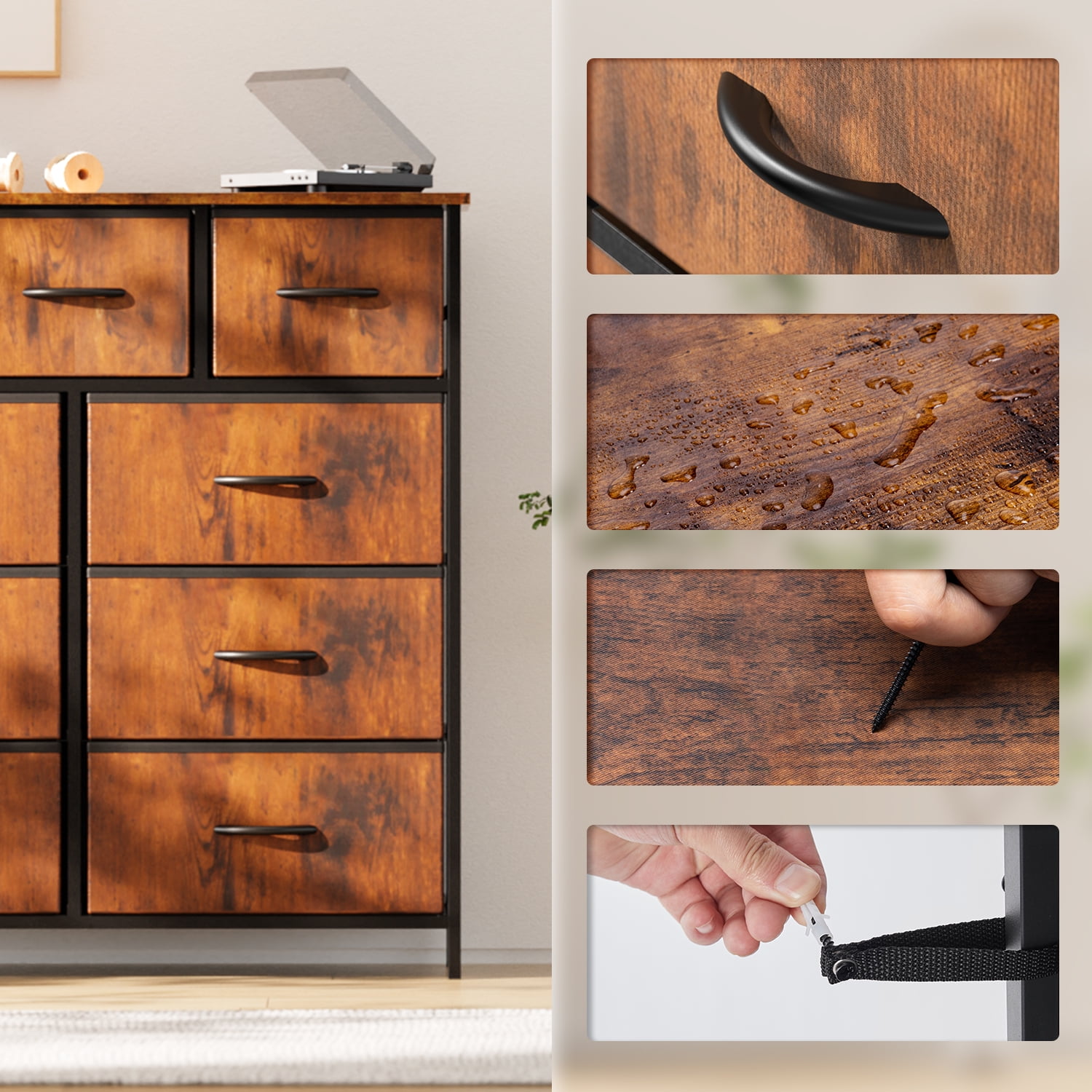 Yanming Cómoda de Tela con 9 cajones, Estructura de Acero y Tapa de Madera para Dormitorio, Armario, Entrada