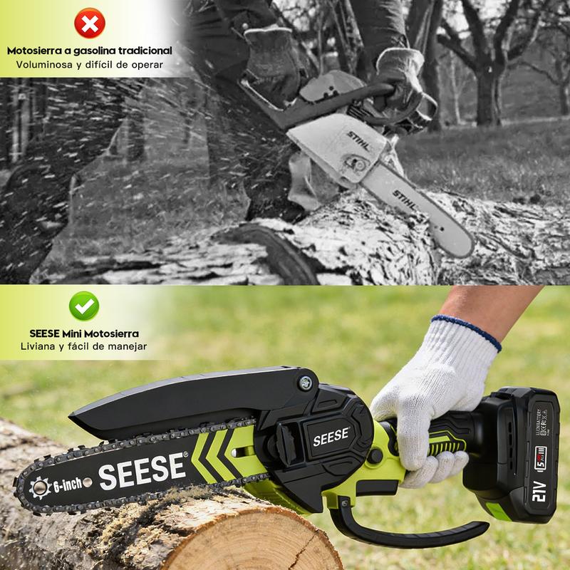 SEESE Mini motosierra inalámbrica 6”, motor sin escobillas, con 2 baterías de 2000 mAh – Ideal para poda, jardinería y corte de madera