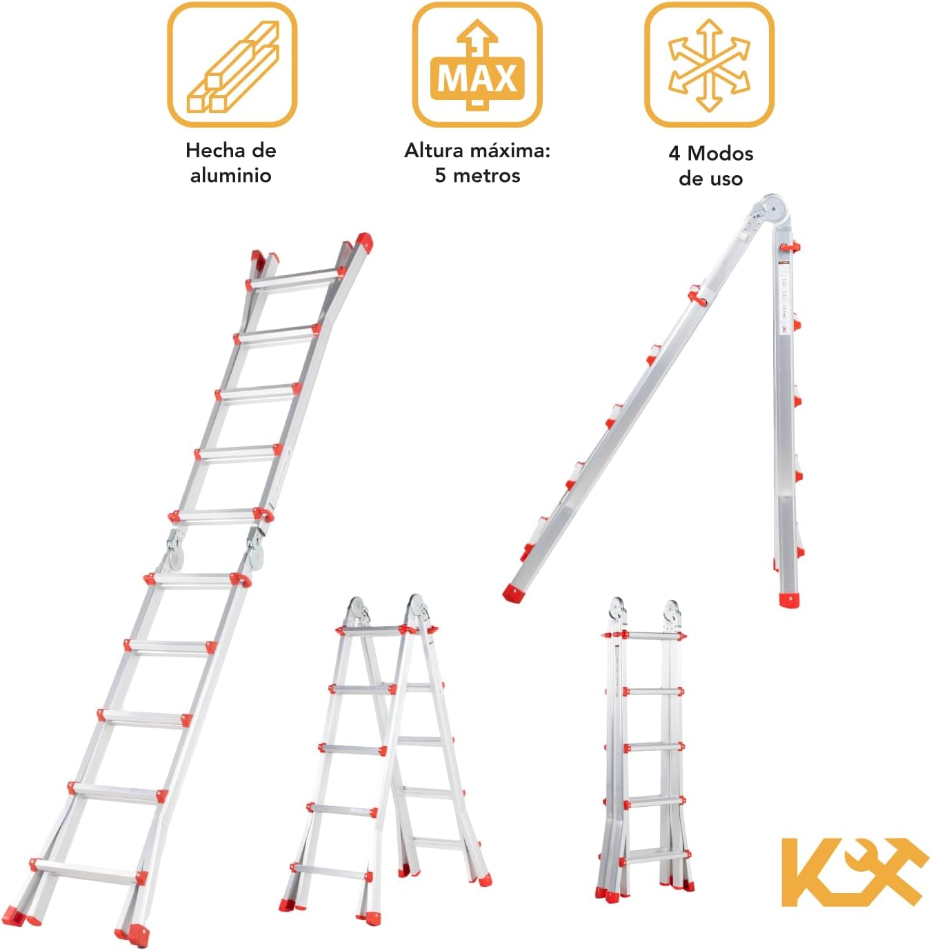 Kingsman | Escalera Multiposiciones 12 Peldaños con Charolas – Soporta hasta 150 kg – Escalera de Aluminio 3.5 MTS – Plegable – Escalera Multipropósito – Tipo Tijera – Andamio – Escalera Recta
