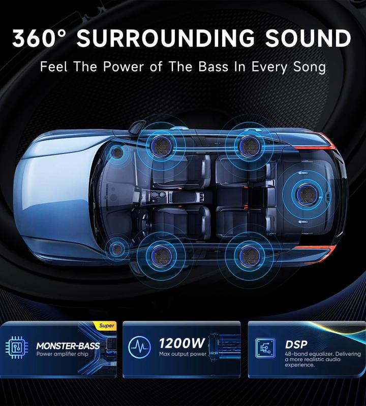 Subwoofer VIKEJIEBIV de 1200 W, paquete de subwoofer y amplificador delgado para debajo del asiento del coche con luz ambiental, control individual para paso bajo/ganancia/refuerzo de graves, sonido estéreo potente, graves profundos, accesorio perfecto pa