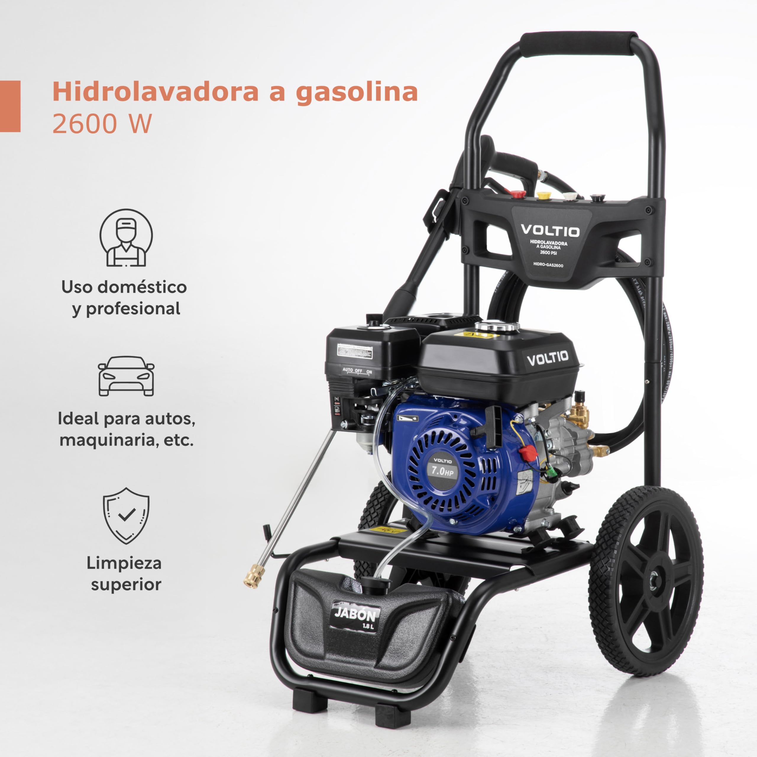 VOLTIO Hidrolavadora a Gasolina 2600 PSI | 3400 RPM, Motor de 7.0 Caballos