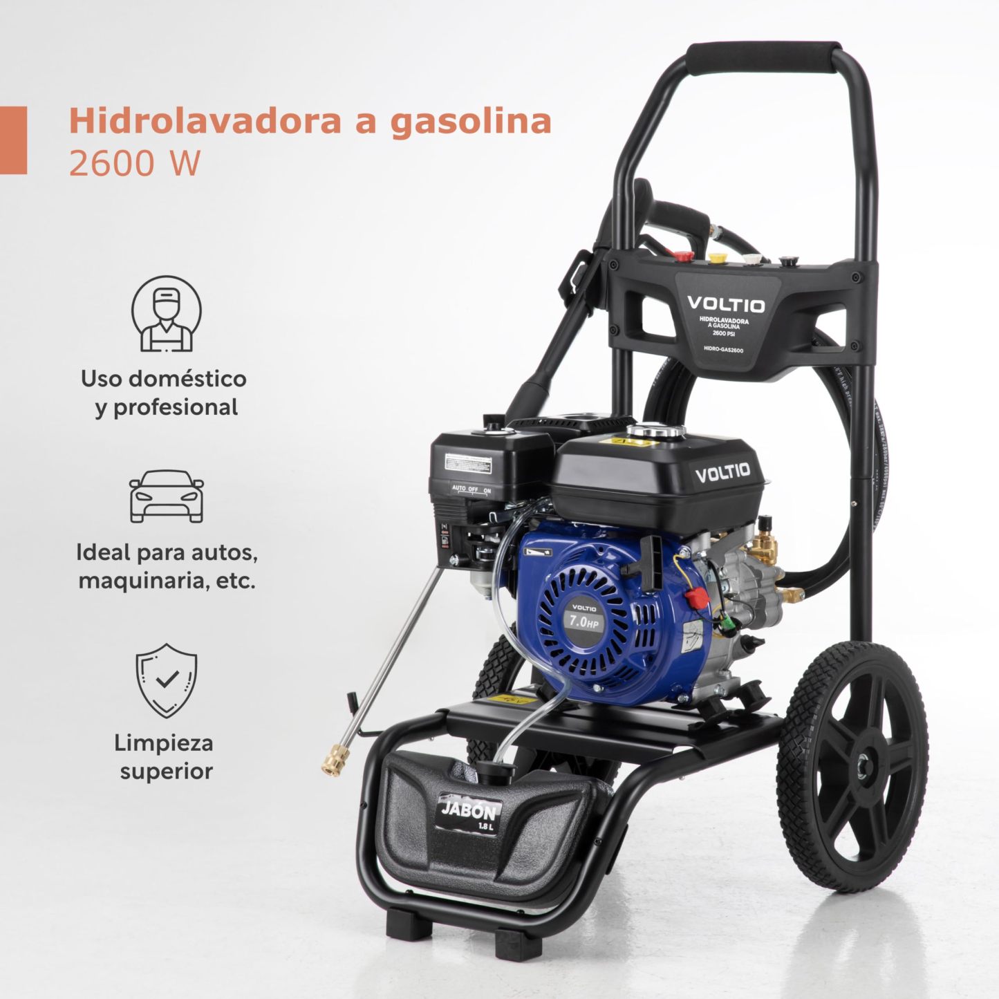 VOLTIO Hidrolavadora a Gasolina 2600 PSI | 3400 RPM, Motor de 7.0 Caballos