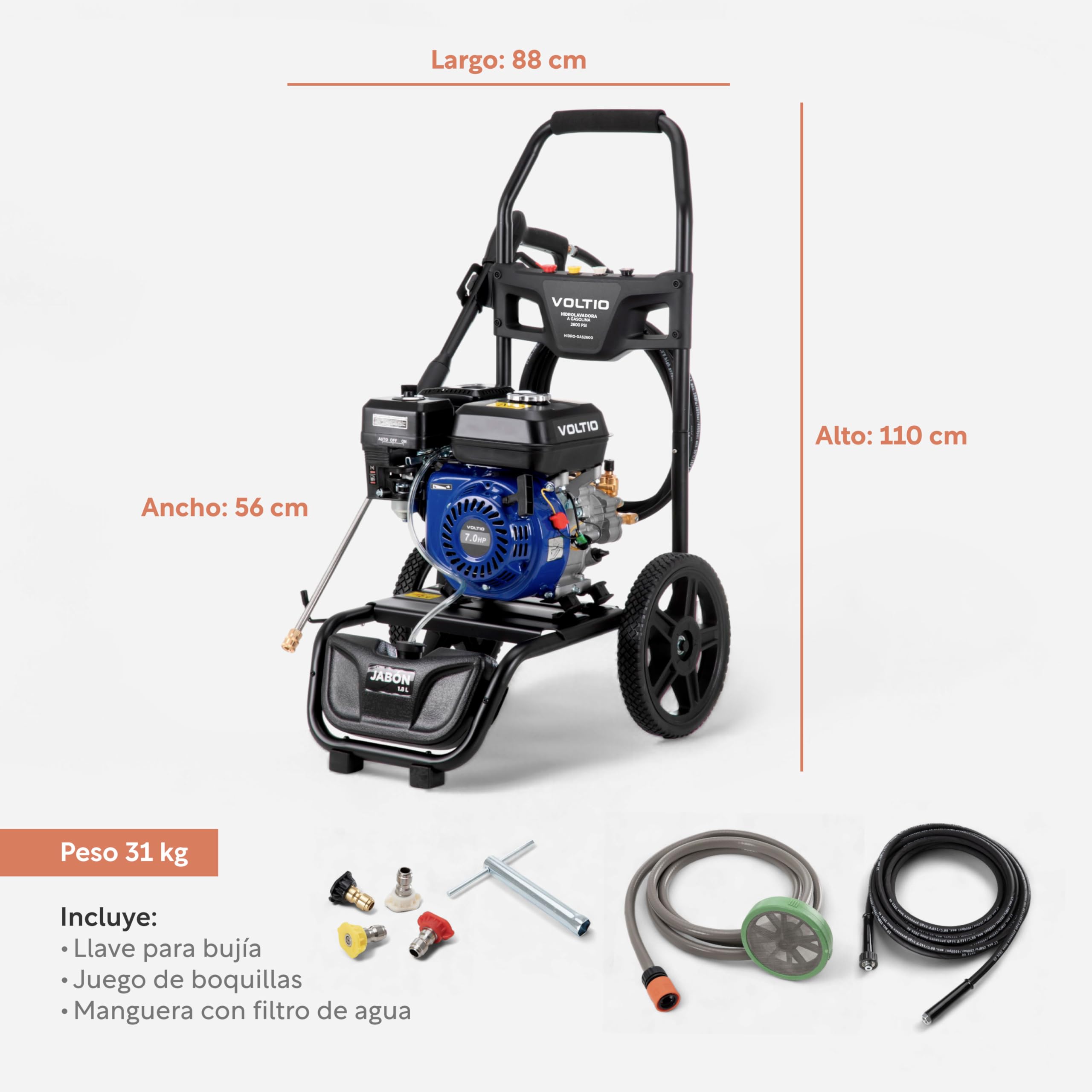 VOLTIO Hidrolavadora a Gasolina 2600 PSI | 3400 RPM, Motor de 7.0 Caballos
