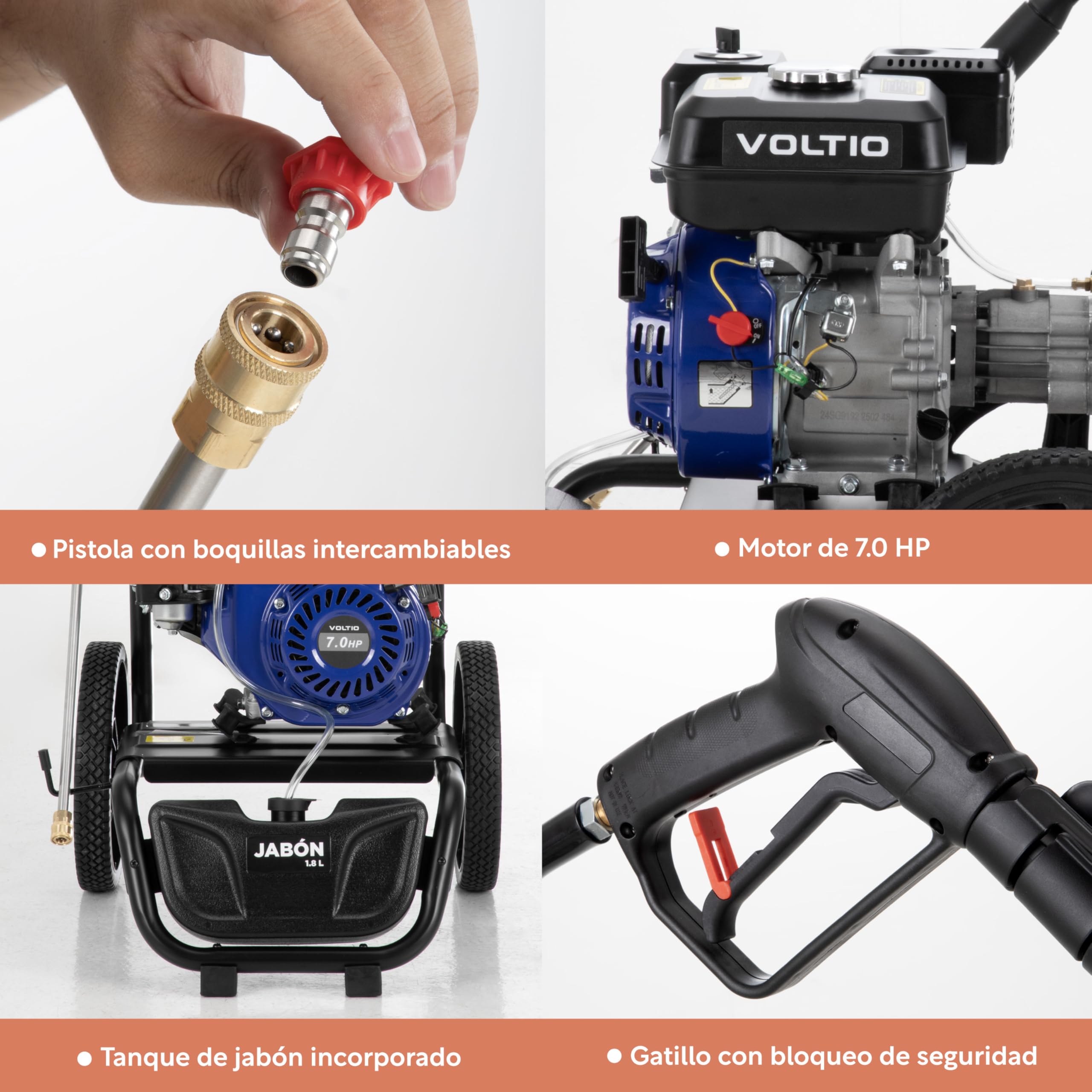 VOLTIO Hidrolavadora a Gasolina 2600 PSI | 3400 RPM, Motor de 7.0 Caballos