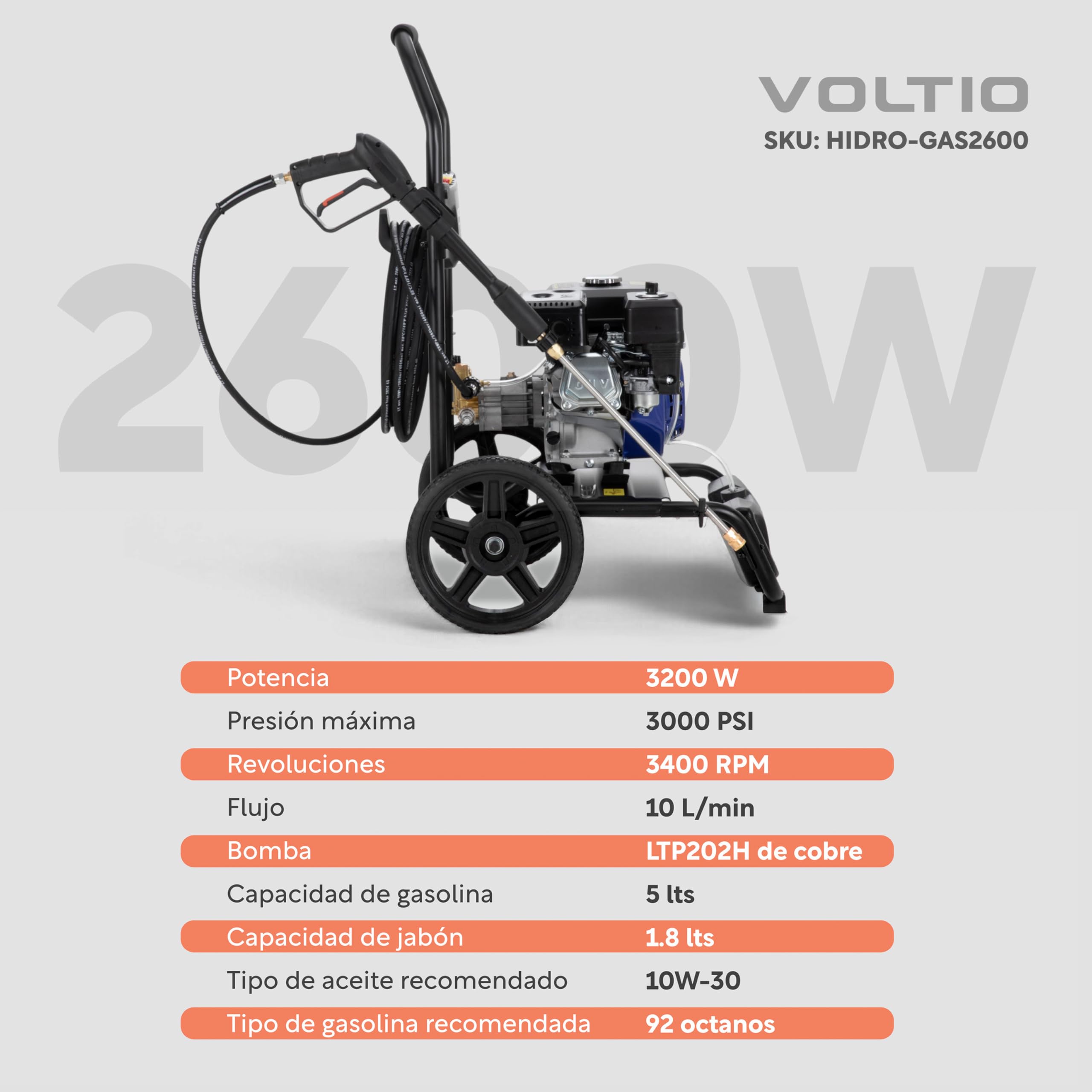 VOLTIO Hidrolavadora a Gasolina 2600 PSI | 3400 RPM, Motor de 7.0 Caballos