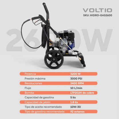 VOLTIO Hidrolavadora a Gasolina 2600 PSI | 3400 RPM, Motor de 7.0 Caballos