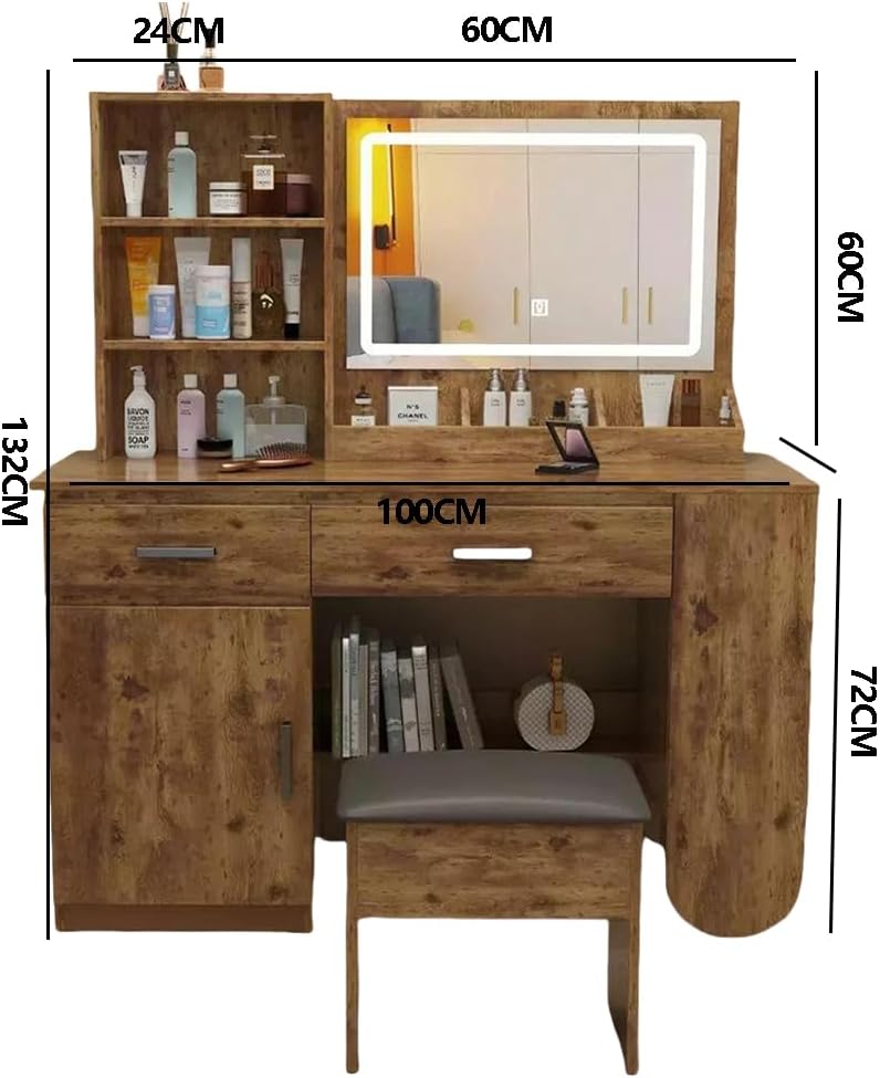 Tocador Vanity de Maquillaje con Espejo,Vanity Tocador con 2 Cajones,Estantes de Almacenamiento,Taburete Acolchado,Tocador con 3 Estantes, Mesa de Maquillaje para Dormitorio 40X100X132CM(Madera)
