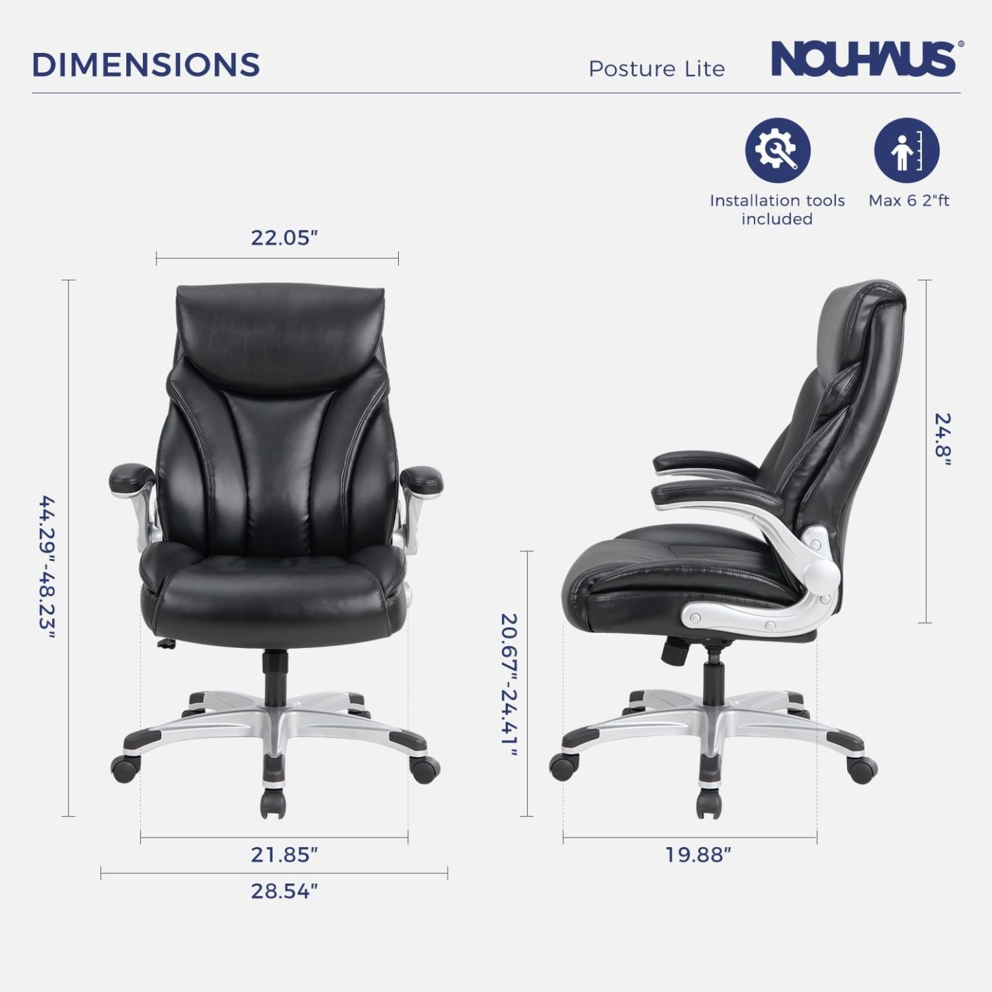 Nouhaus - Silla de oficina grande y alta con soporte lumbar, silla de oficina ergonómica de piel sintético, silla de computadora ejecutiva con reposabrazos ajustables (Posture Lite, blanco)