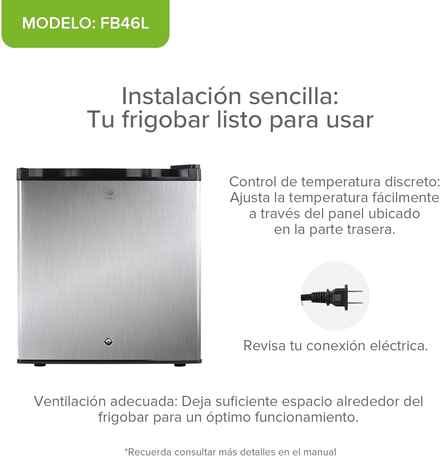 AVERA Frigobar 45L con Llave | Mini Refrigerador con Congelador, Puerta Reversible y Control de Temperatura 0°C-10°C | Ideal para Oficina, Cuarto o Minibar | FB46L