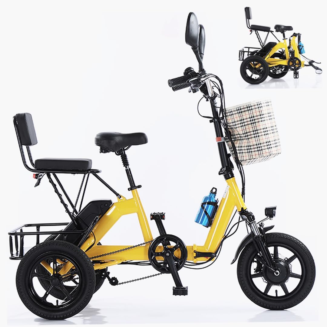 Triciclo eléctrico para adultos, neumático de 14 pulgadas, 3 ruedas, plegable, motor E, 48 V, 350 W, batería extraíble de 10.4 AH, pantalla LCD, bicicleta eléctrica todo terreno de tres ruedas,