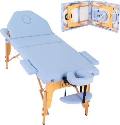 Onof Cama de Masaje Plegable de 3 Secciones y 8 Niveles de Altura Ajustable con Estuche Portátil para Uso Profesional Fisioterapia SPA Tatuajes Facial (Azul Maya)