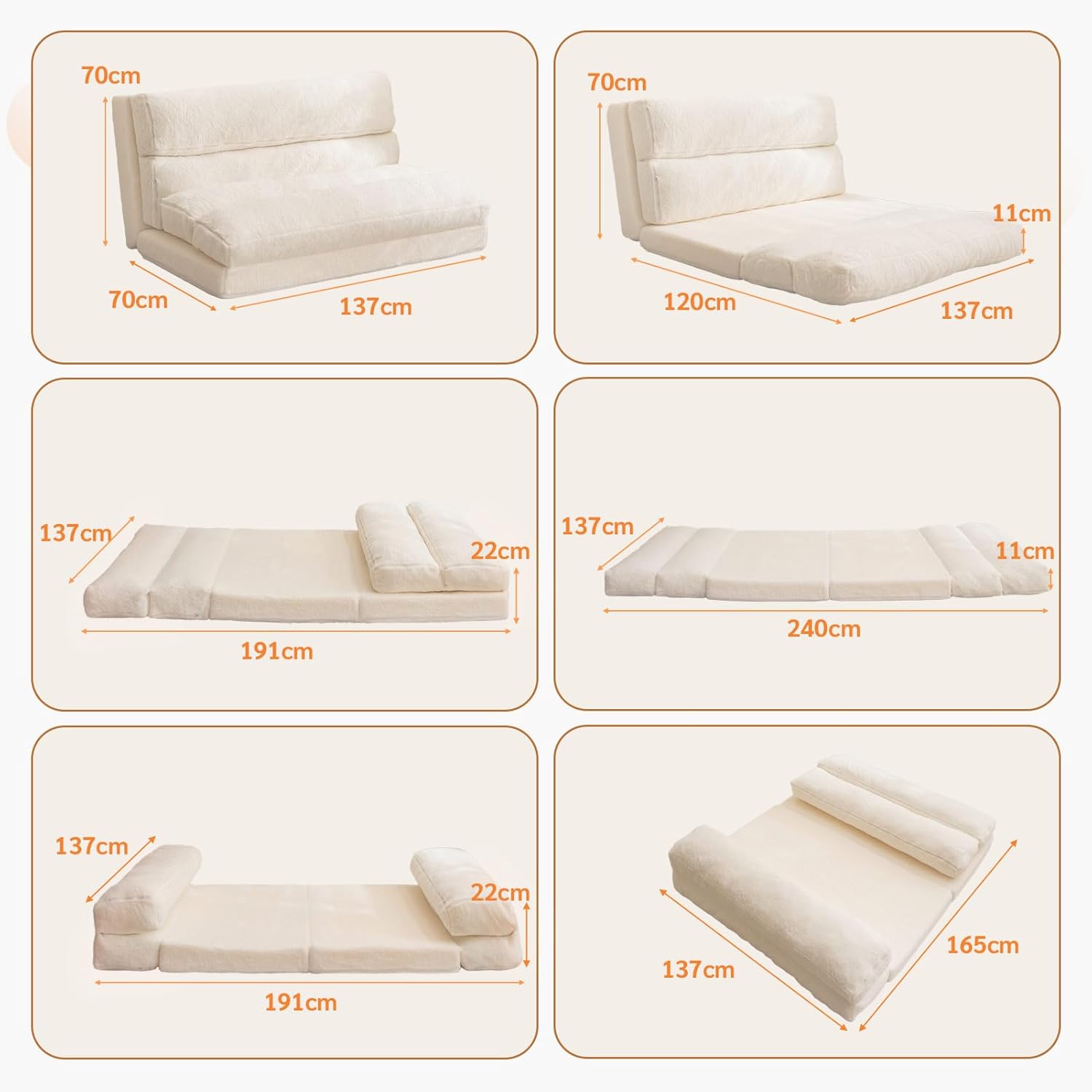 MAXYOYO - Puf plegable para sofá, cama, colchón de piso para adultos, extra grueso, 6 pliegues, sofá para recámara, sala de estar, beige, 135 x 240 cm