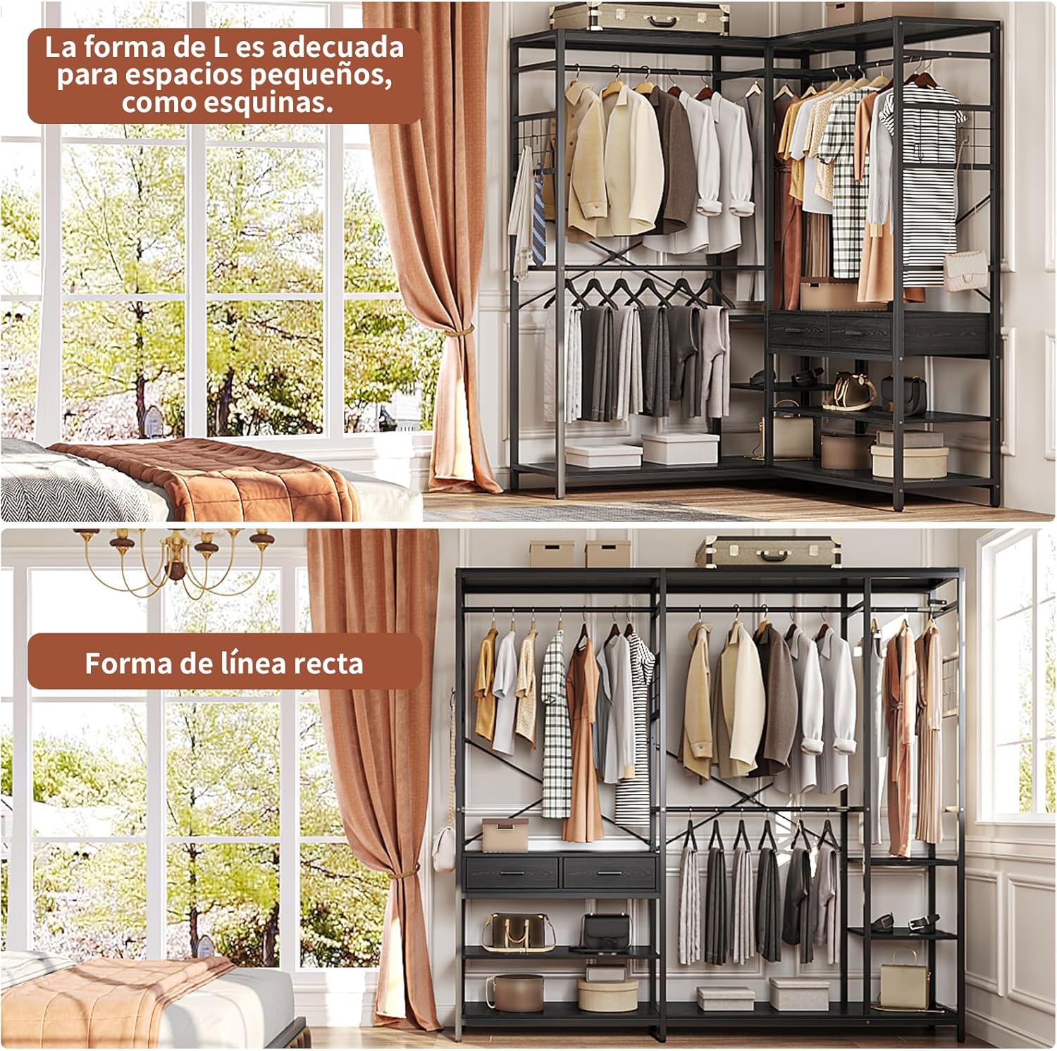 Simple Wisdom Closet Armables Para Ropa,2M Perchero Para Ropa Esquina en Forma de L,Closet Para Ropas Con 2 Cajones de Madera,Rack Para Ropas Con 5 Estantes Abiertos (Negro)