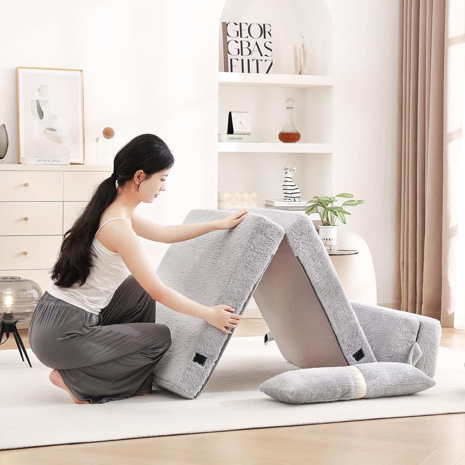 Tiita - Sillón de futón, tamaño individual, sofá cama plegable con almohada, colchón de piso y futón para sala de estar, recámara, uso de invitados, departamento