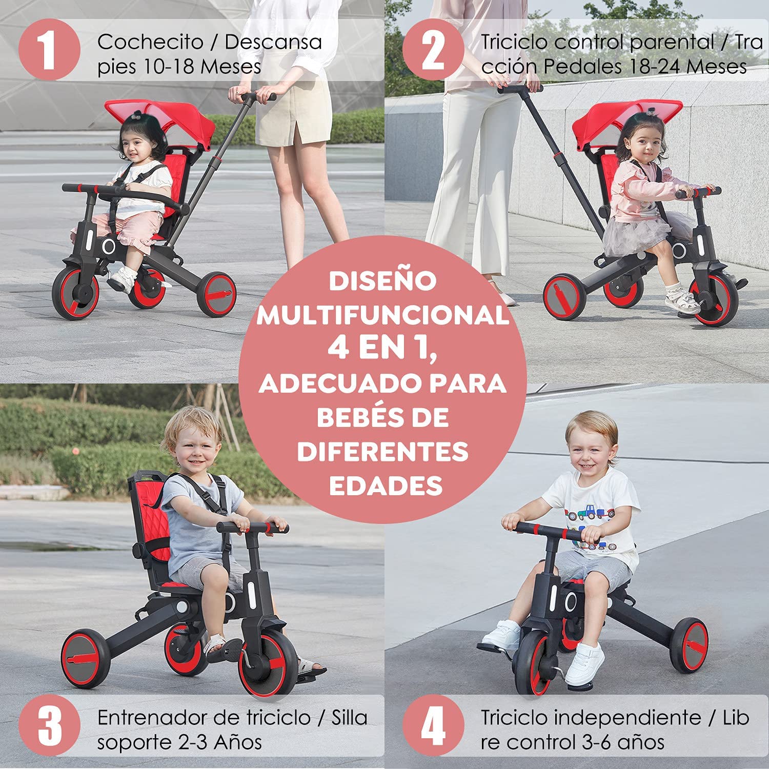 Triciclo de bebé 4 en 1, Bici polivalente, cochecito de dirección plegable, bicicleta de aprendizaje con barandilla desmontable, con toldo ajustable, arnés de seguridad, pedales plegable, freno, asa de empuje para padres, diseño de absorción de impactos,