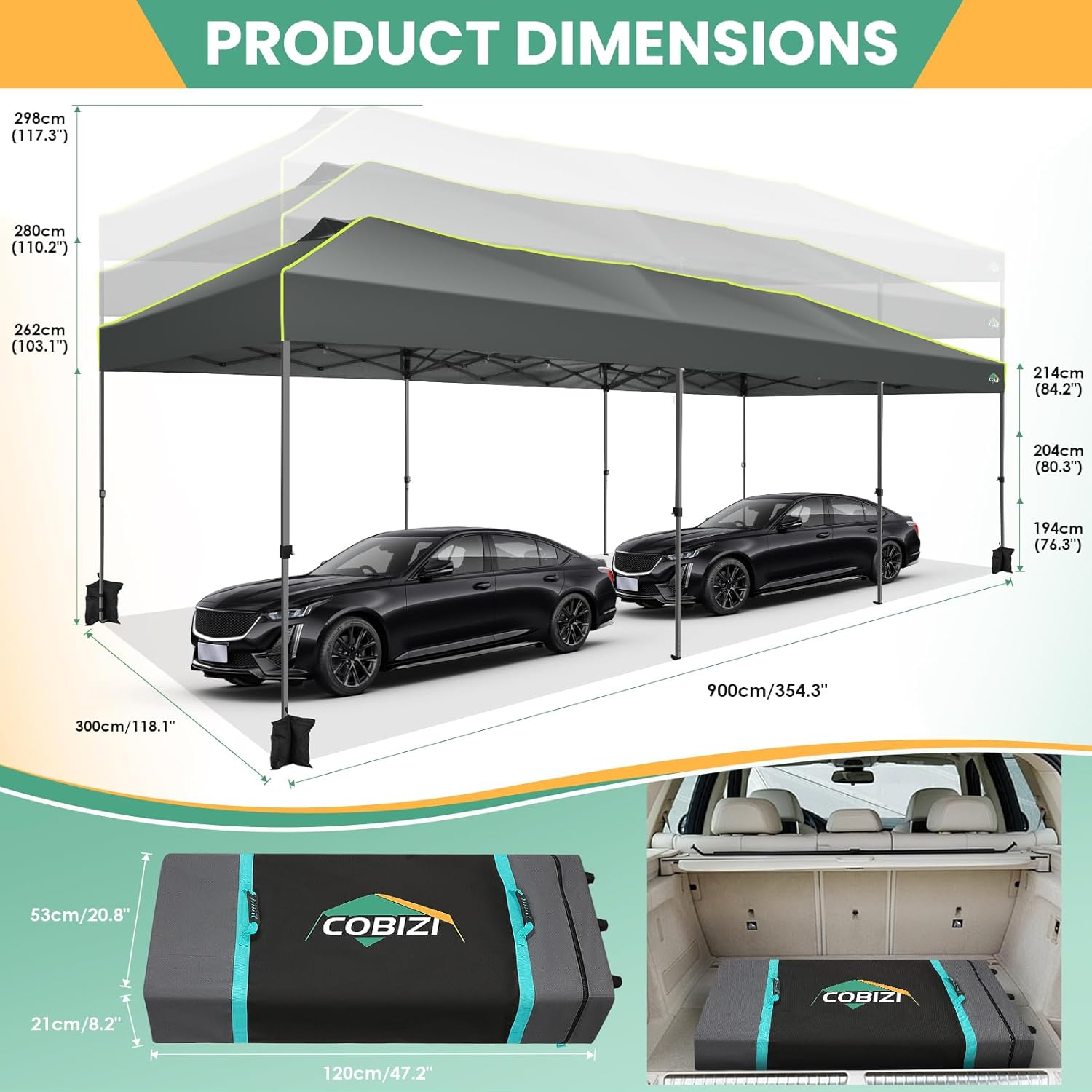 COBIZI - Tienda de campaña desplegable de 10 x 20 Pulgadas, Tienda de campaña instantánea Comercial para Bodas, Fiestas con 3 Altura Ajustable, toldo Ez Up para Exteriores, Impermeable, UPF50+ con
