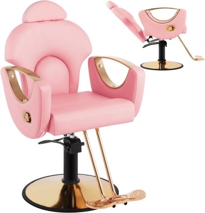 Silla de peluquero de salón, silla reclinable para peluquero, silla de peluquería con bomba hidráulica resistente, silla de peluquería giratoria de 360 grados para peluquería en casa, color rosa