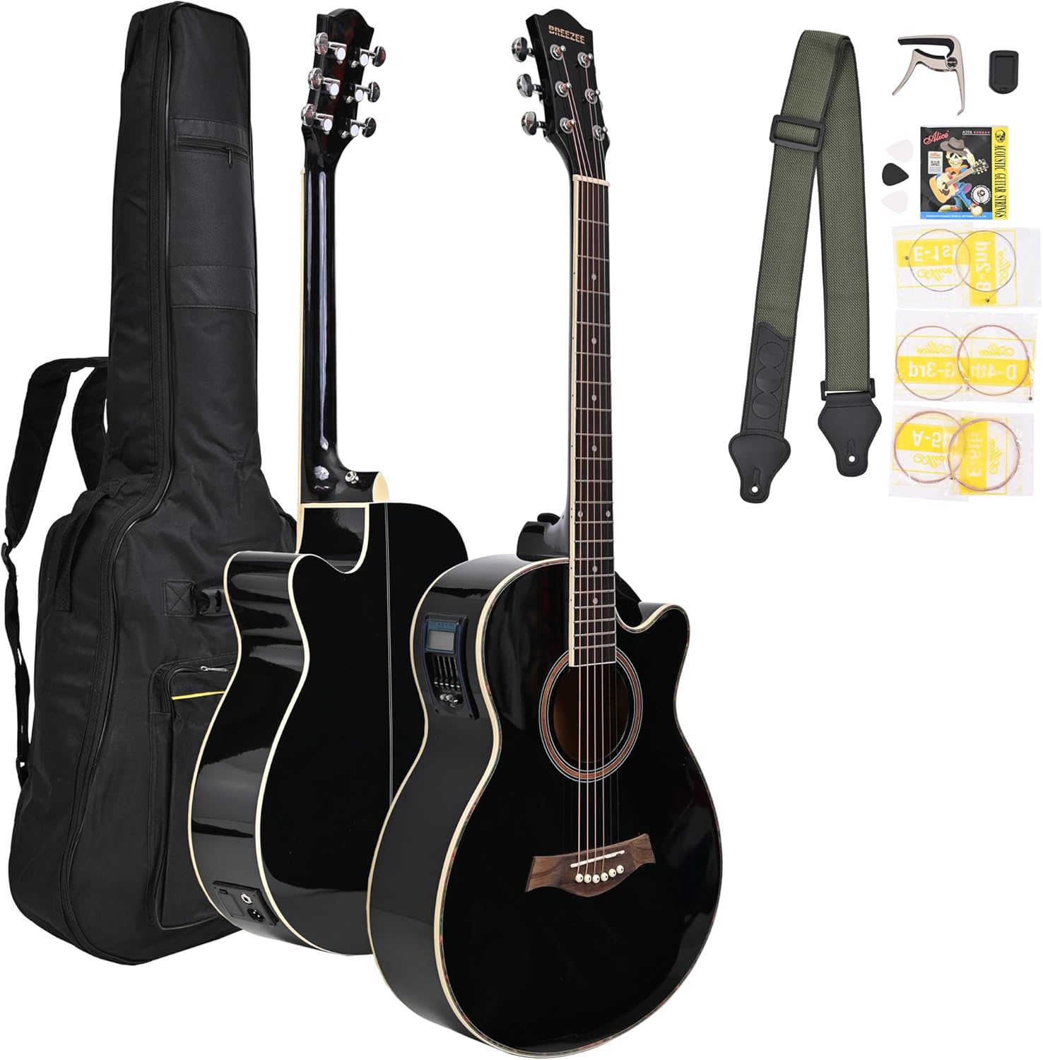 BREEZEE Guitarra Electroacústica de 40” Diseñada sobre Abeto, Merbau, Okume y Palisandro. Acabado de Barniz en Pulverización, Incluye Set de Accesorios Completo para Principiante