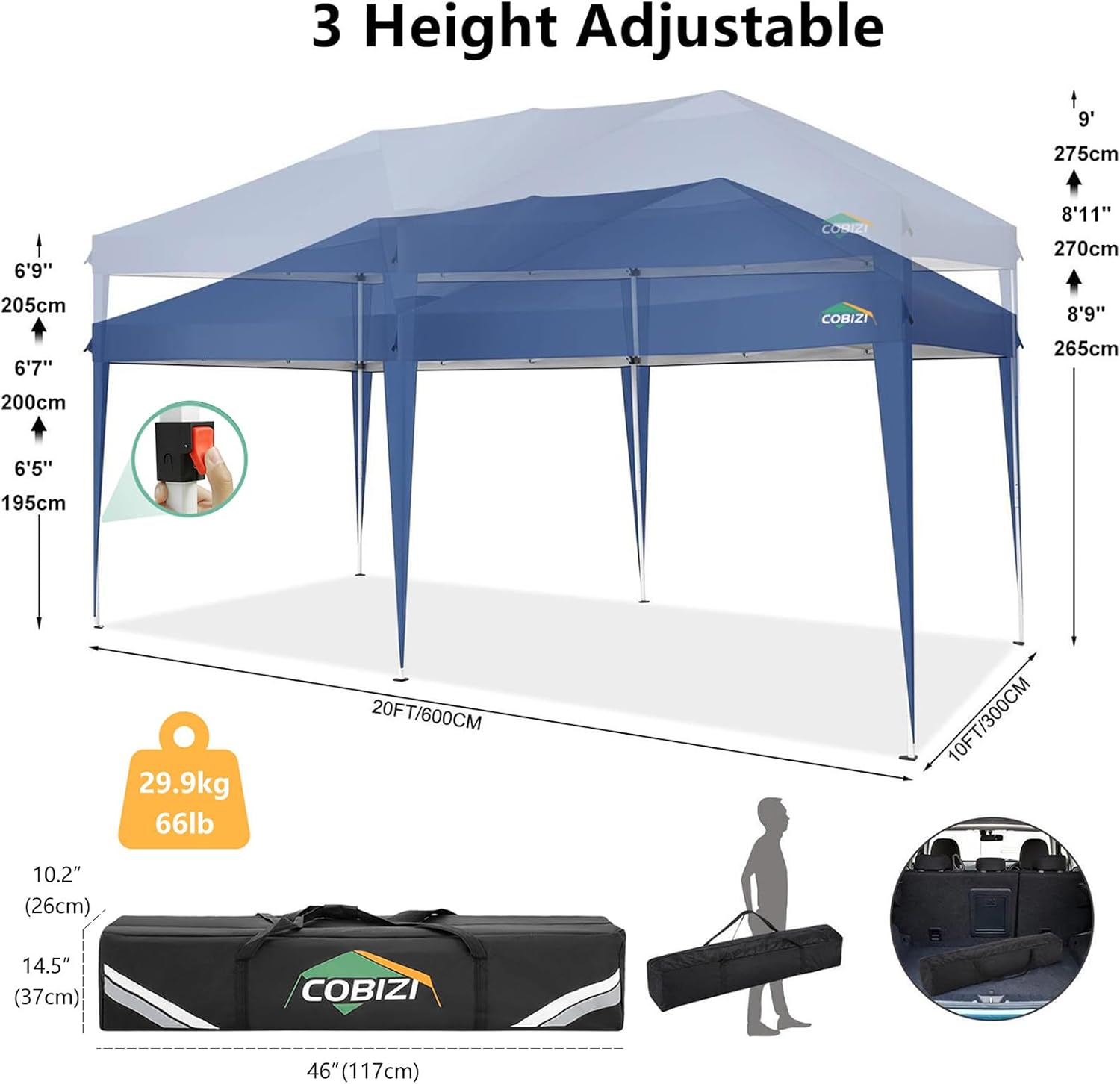 COBIZI - Toldo desplegable de 10 x 20 Pulgadas con 6 Paredes Laterales, toldo Impermeable para Eventos al Aire última intervensión, UPF 50+ cenador portátil para Fiestas, Playa, Camping, Boda,