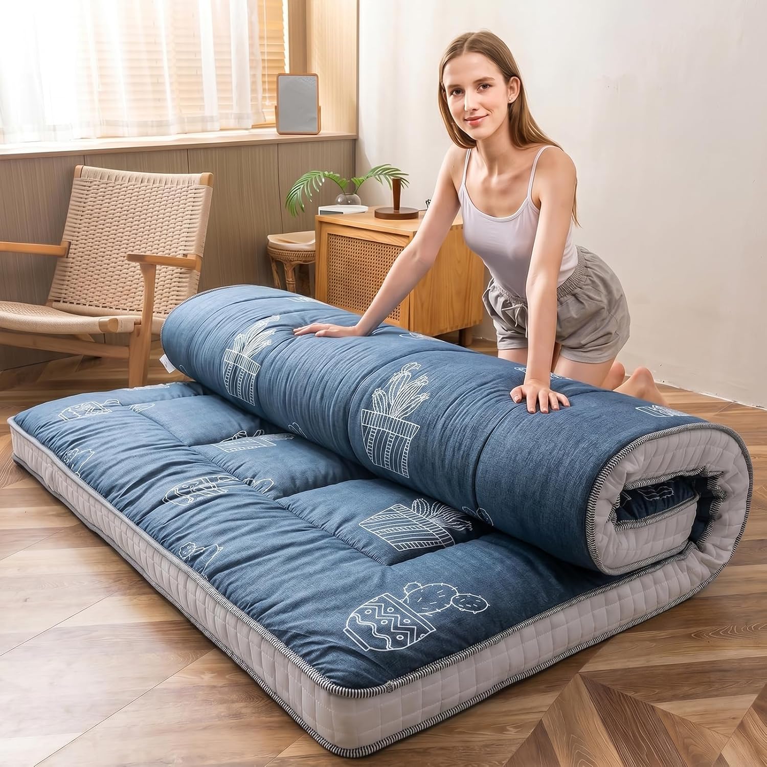MAXYOYO - Puf plegable para sofá, cama, colchón de piso para adultos, extra grueso, 6 pliegues, sofá para recámara, sala de estar, beige, 135 x 240 cm