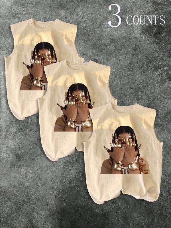 Men's Three-Piece Trendy Casual Sleeveless Vest Set, Face-Wiping Woman Print, Perfect for Summer, Vacation, Friend Gatherings
