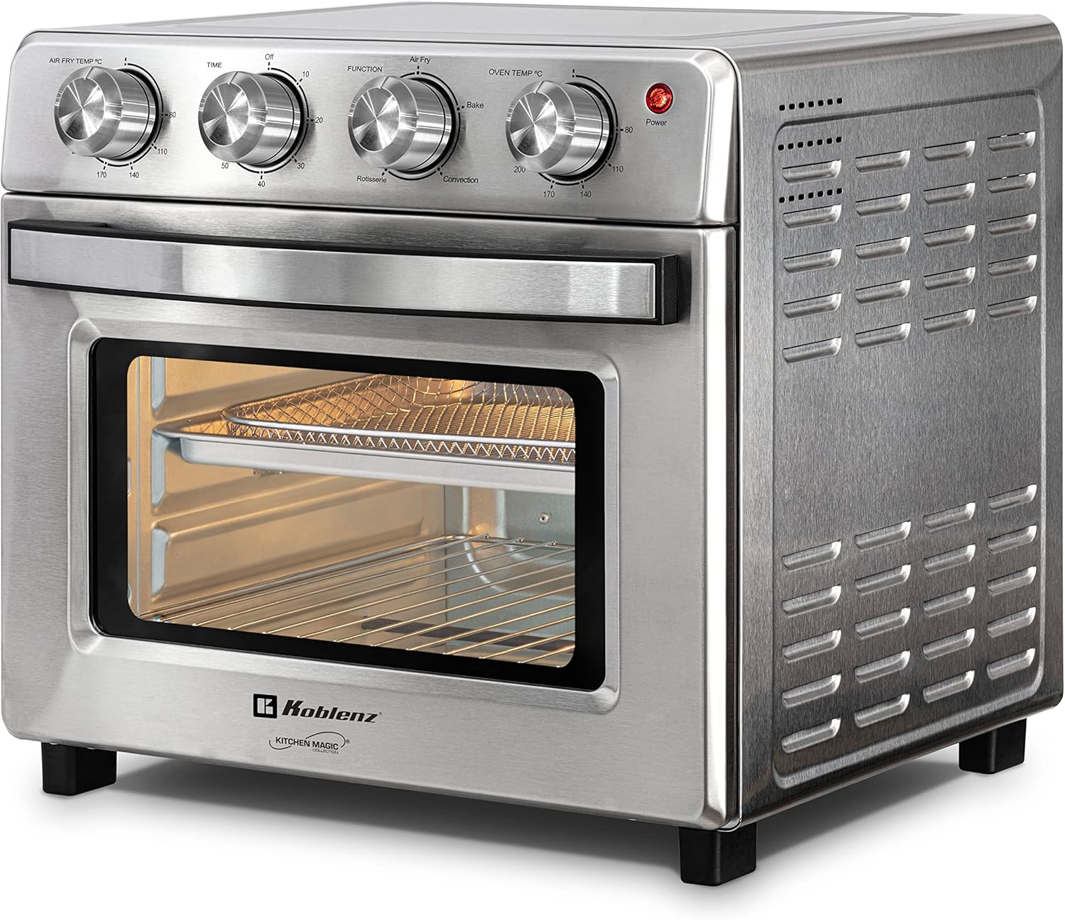Horno Freidora de Aire Koblenz de 25 Litros, 7 en 1 Fríe sin Aceite, Asa, Gratina, Dora, Tuesta, Calienta, Rostiza, 7 accesorios, 1400 W, Control con Perilla, acero inoxidable (HFKM-1400 IN)