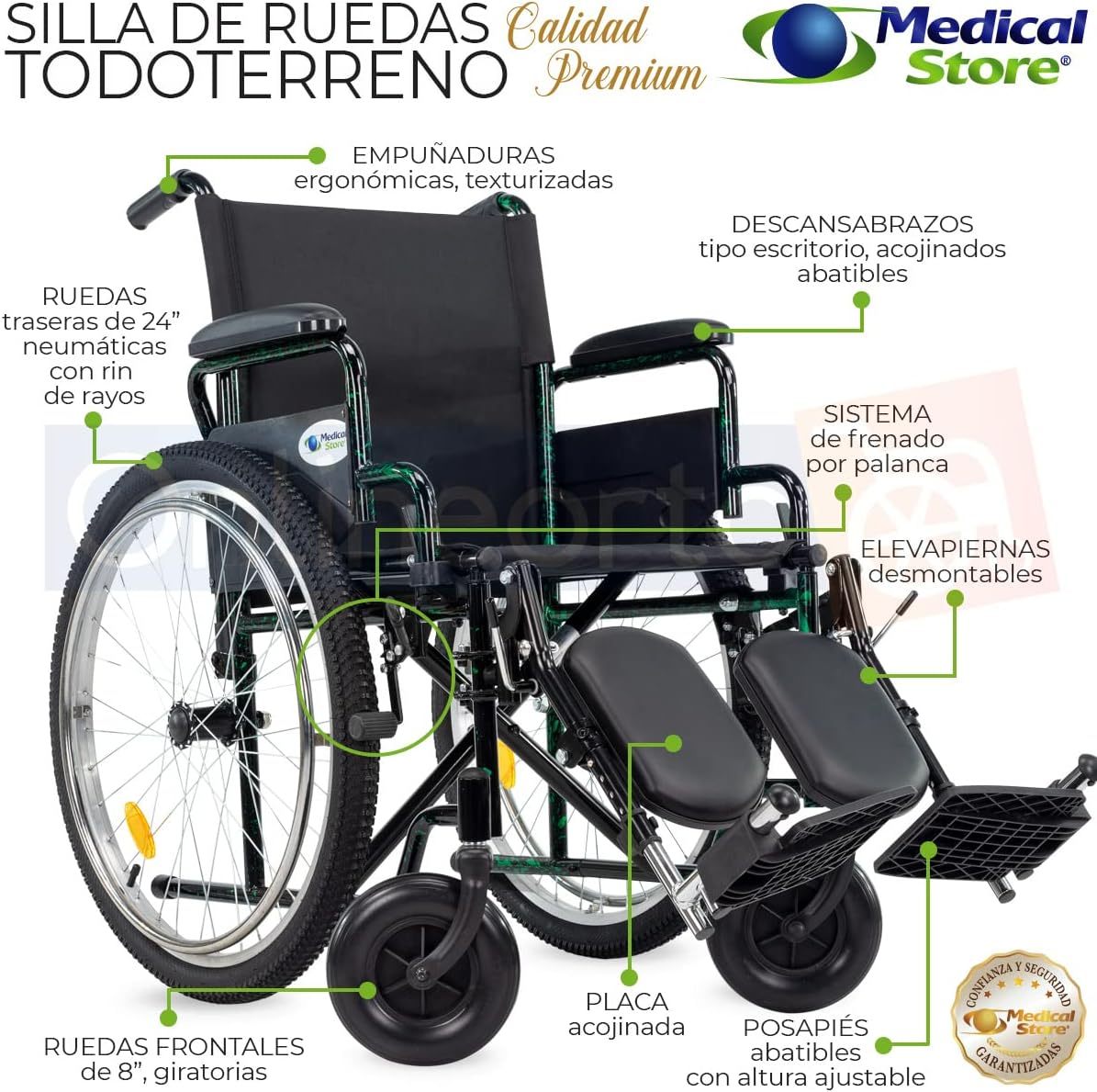 Medical Store Silla de Ruedas TODO TERRENO de Lujo, Modelo 101, Acero Resistente, Con Eleva piernas Desmontables y Descansabrazos Abatibles Color Rojo.…
