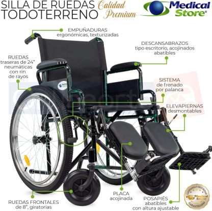 Medical Store Silla de Ruedas TODO TERRENO de Lujo, Modelo 101, Acero Resistente, Con Eleva piernas Desmontables y Descansabrazos Abatibles Color Rojo.…
