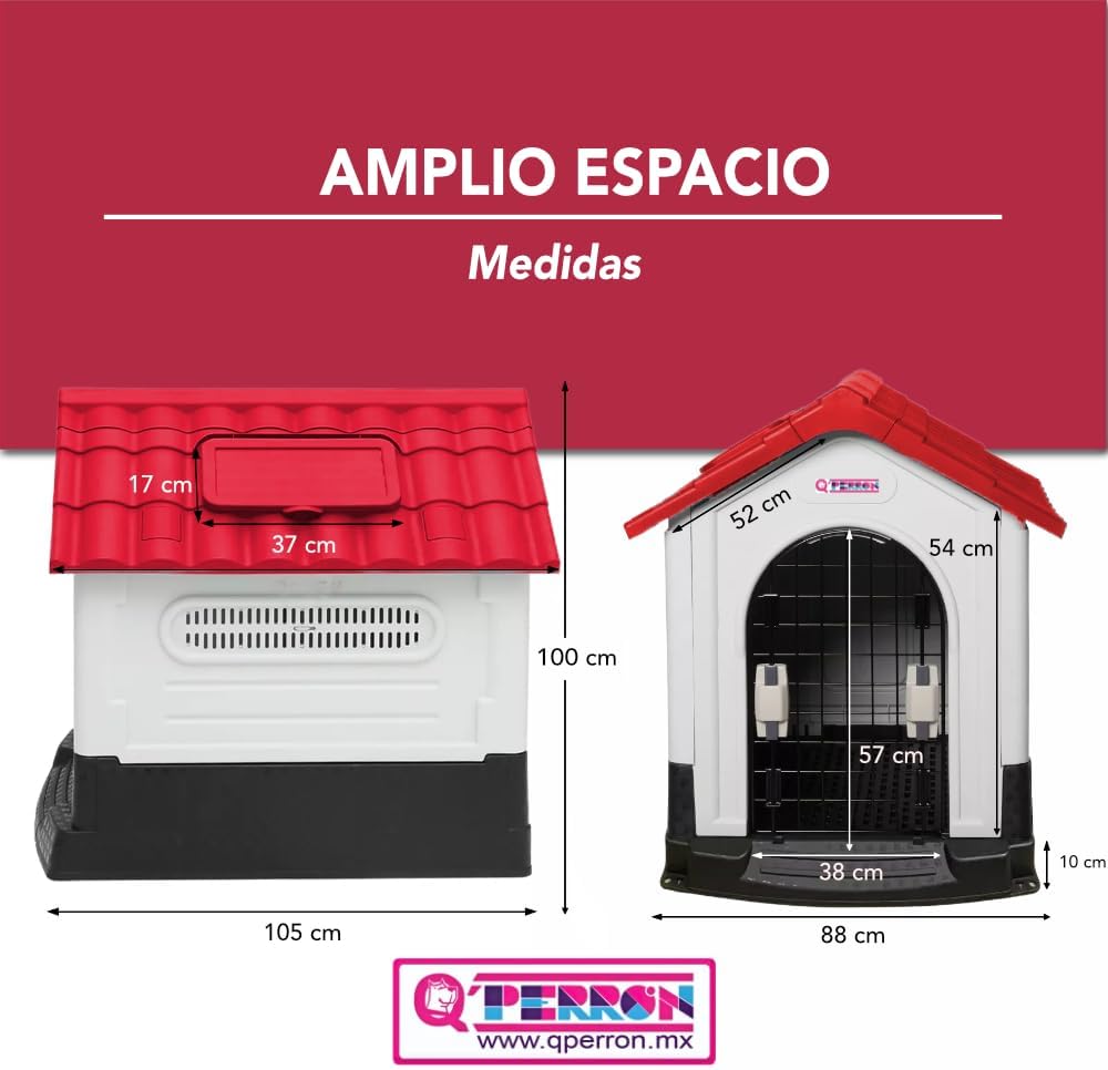 Q PERRON Casa para Perros Grande de Plástico con Puerta Métalica de 105 X 88 X 100 Cm. Amplia, Térmica, Impermeable con Ventilación, Piso Elevado, Fácil de Limpiar y Armar, Plegable.