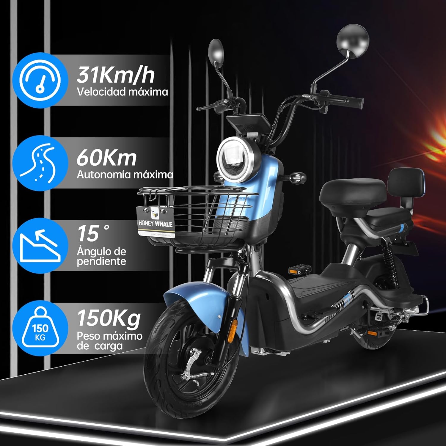 HONEYWHALE U3s Bicicleta Electrica para Adultos, Bicimoto Eléctrica con Alarma, Máxima del Motor 650W, Velocidad Máxima 31KM/H, Autonomía 55-60KM, Baterías de Gran Capacidad de 20AH, Dos Asientos