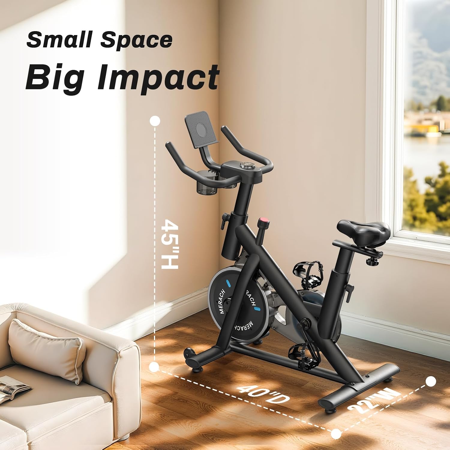 MERACH - Bicicleta de ejercicio, almohadilla de freno/bicicleta estática magnética con aplicación exclusiva, bicicleta de ciclismo interior de bajo ruido con capacidad de peso de 270 libras, estante