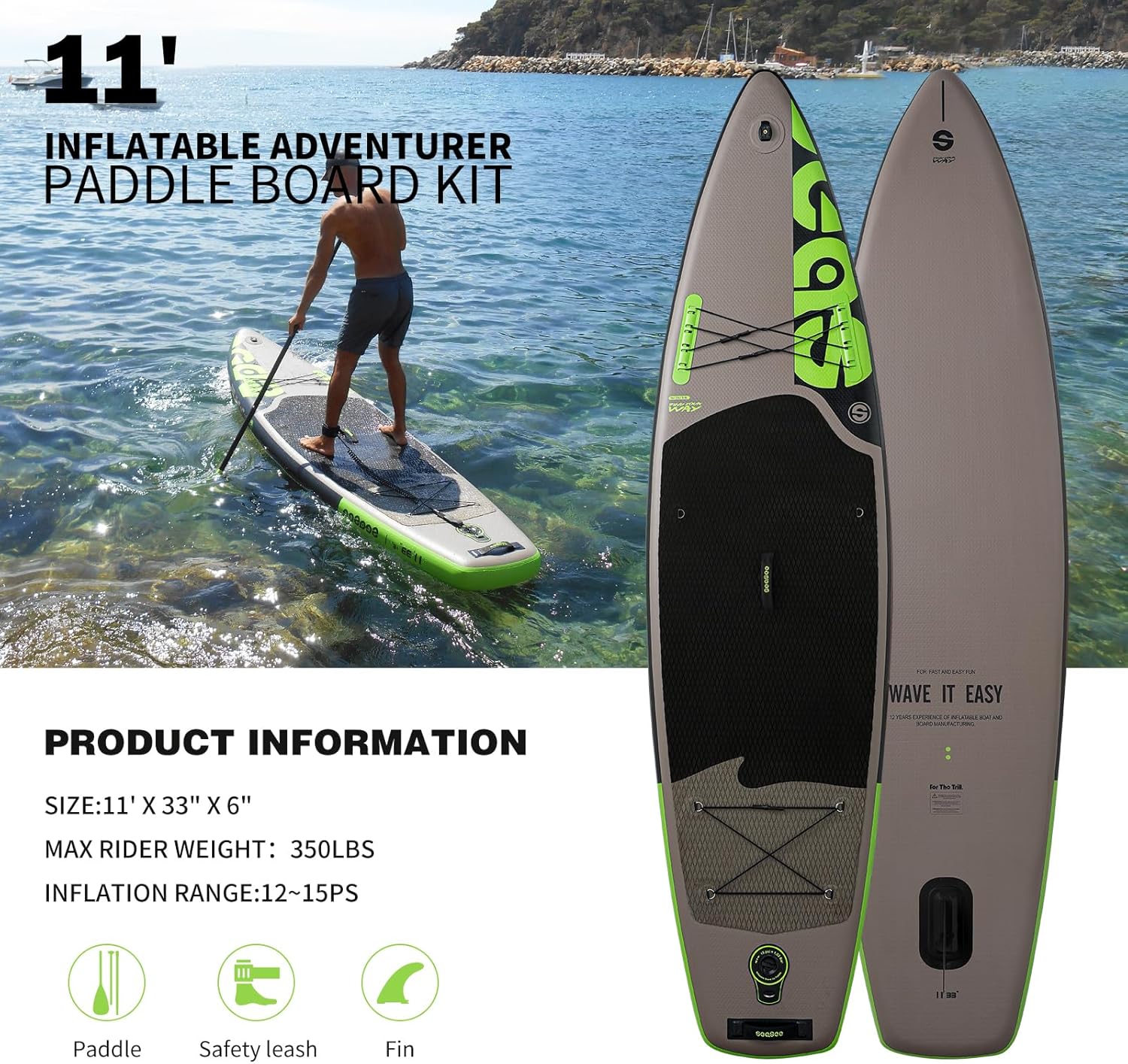 SEASEESUP Tablas de Remo inflables con Accesorios Sup, Tabla de Remo de 12 pies, Duradera, Ligera, diseño Estable de 33 Pulgadas de Ancho para Adultos con sobrepeso