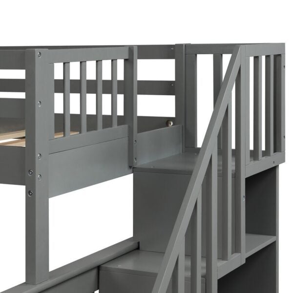 Oferta de liquidación: litera doble sobre una cama completa con cajón, 4 espacios de almacenamiento y barandilla