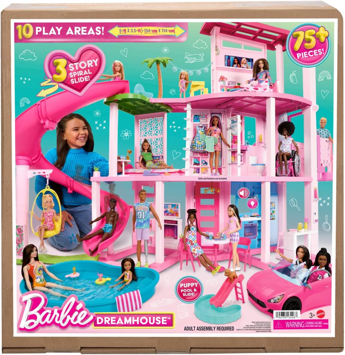 Barbie, Casa de Muñecas, Nueva Casa de los Sueños, para Niñas de 3 Años en Adelante, Mattel, Incluye tobogán y diseño en Espiral de Tres Pisos, Espacios 360° para un Juego más Realista
