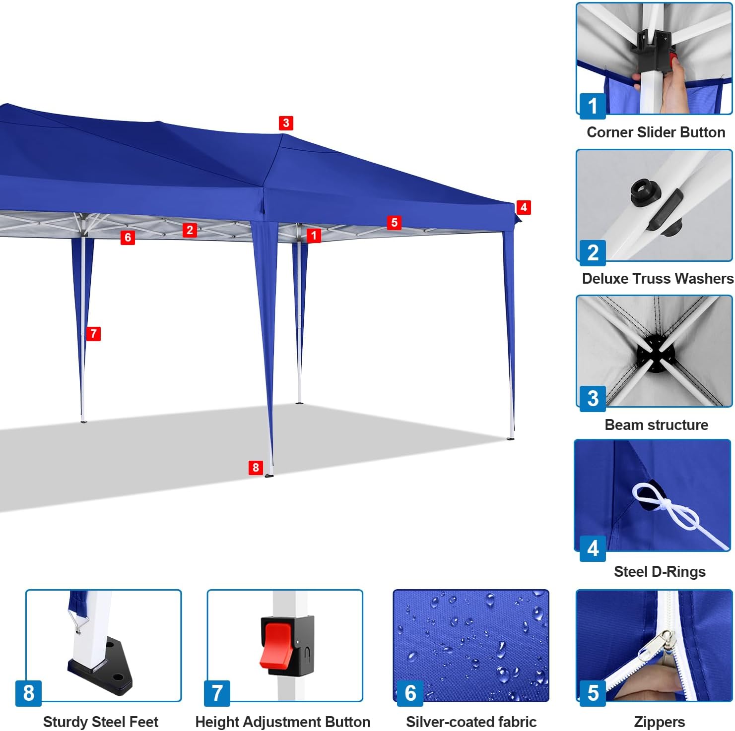 COBIZI - Toldo desplegable de 10 x 20 Pulgadas con 6 Paredes Laterales, toldo Impermeable para Eventos al Aire última intervensión, UPF 50+ cenador portátil para Fiestas, Playa, Camping, Boda,