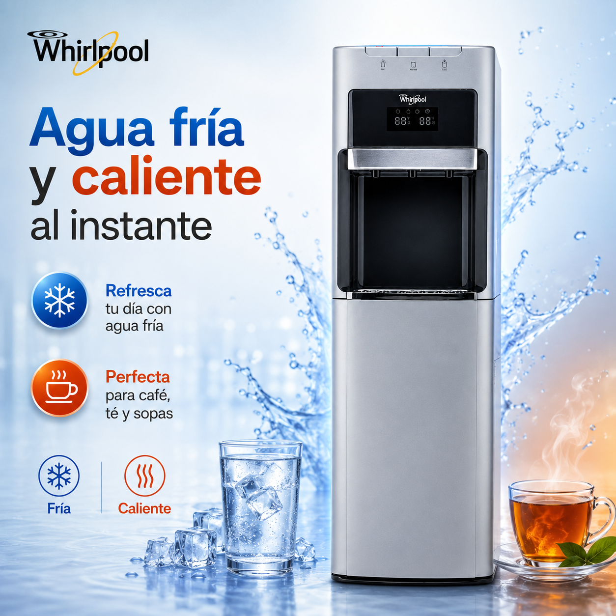 Whirlpool WK5915BD Dispensador de Agua con Garrafón Oculto, Agua Fría y Caliente, Indicador LED, Diseño Moderno