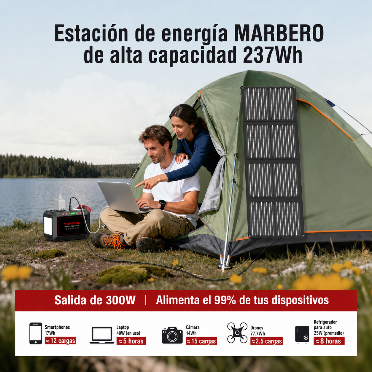 Estación de Energía Portátil MARBERO M823 con Panel Solar, 237 Wh / 64,000 mAh, 300 W y Onda Sinusoidal Pura