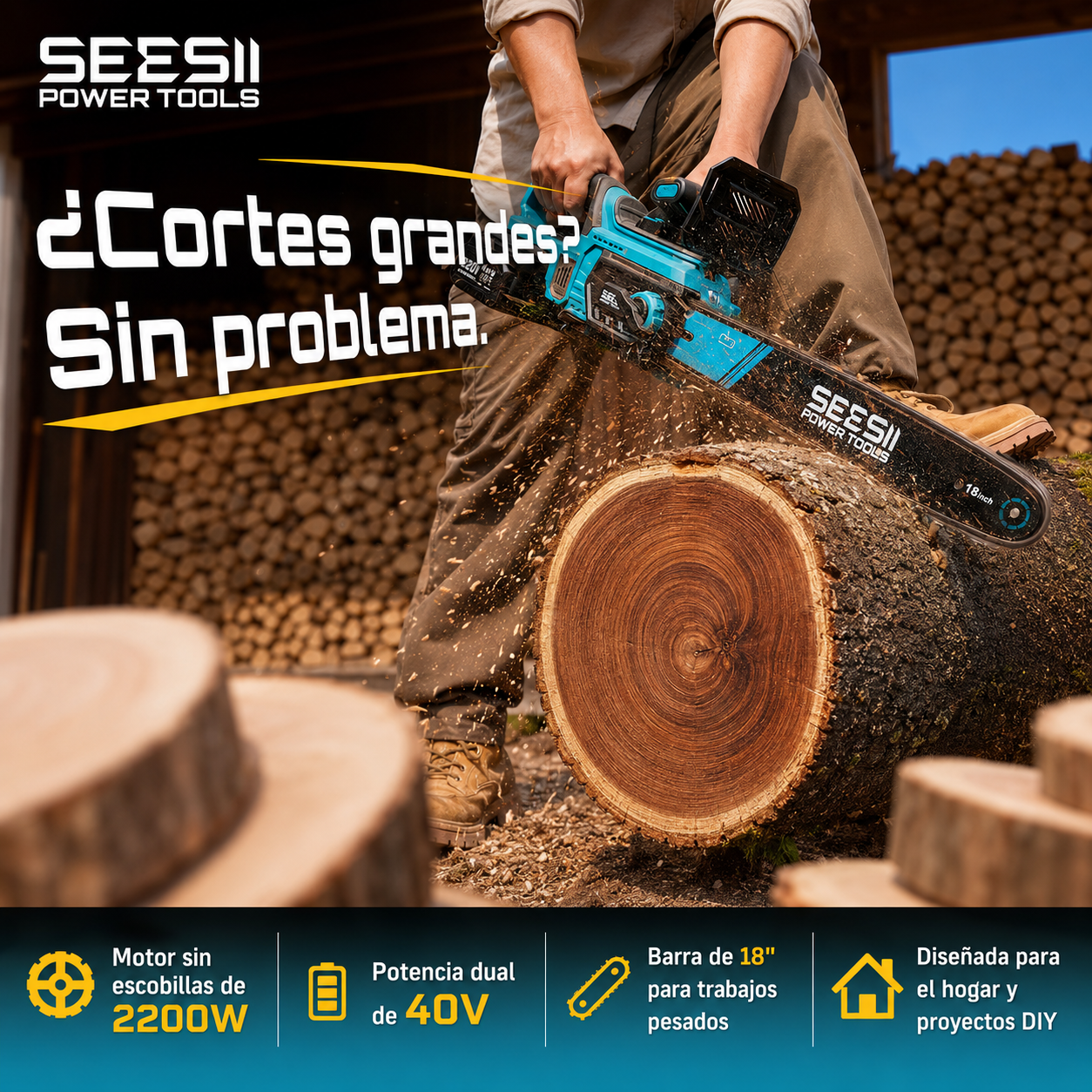 SEESII Motosierra a Batería 40V de 18", 2200W, 2 Baterías de 5.0 Ah, 30 FT/S, Lubricación Automática para Corte y Poda
