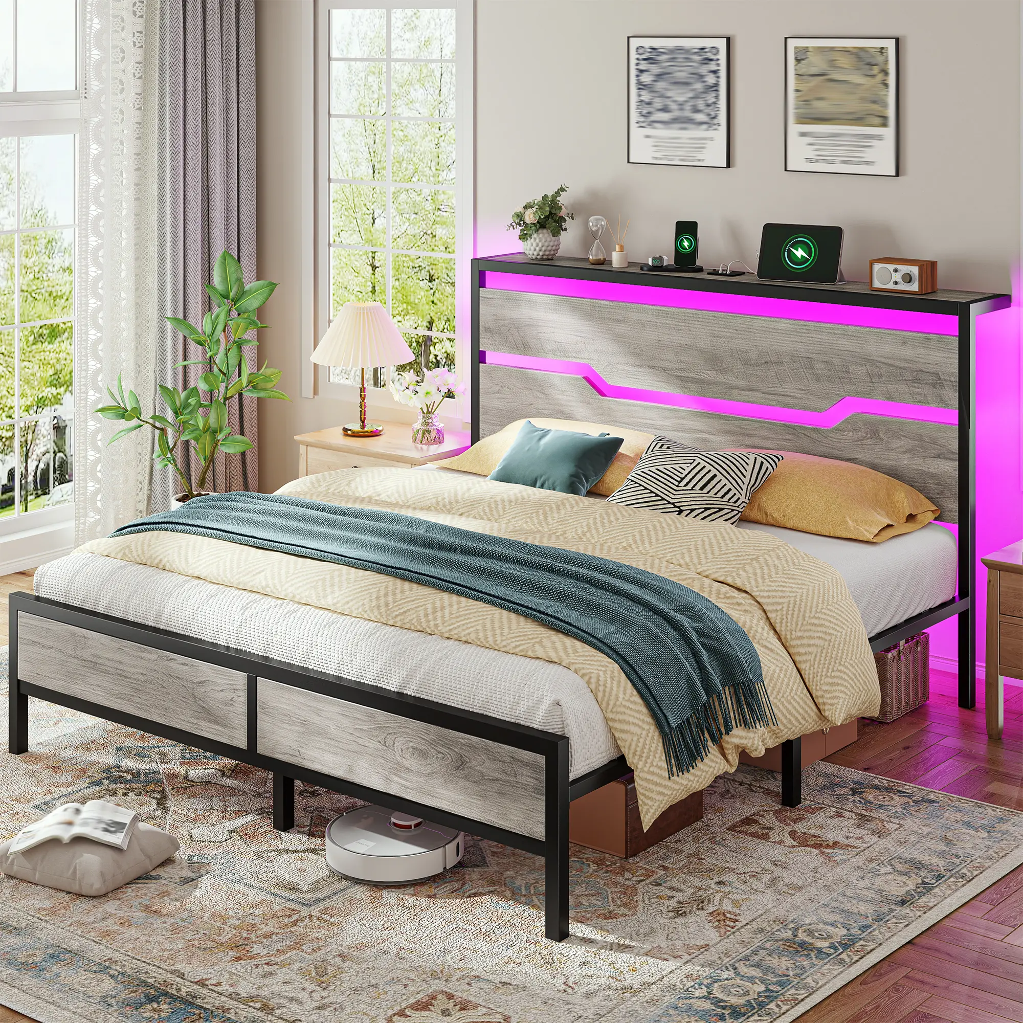 Estructura de cama Raybee con luces LED (tamaños Queen, King y Full), cabecero y estante de almacenamiento; diseño moderno e industrial de madera y metal con estación de carga integrada; silenciosa y resistente (capacidad de 900 libras); incluye somier de