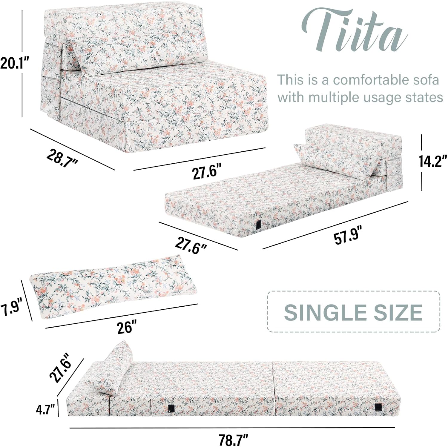 Tiita - Sillón de futón, tamaño individual, sofá cama plegable con almohada, colchón de piso y futón para sala de estar, recámara, uso de invitados, departamento